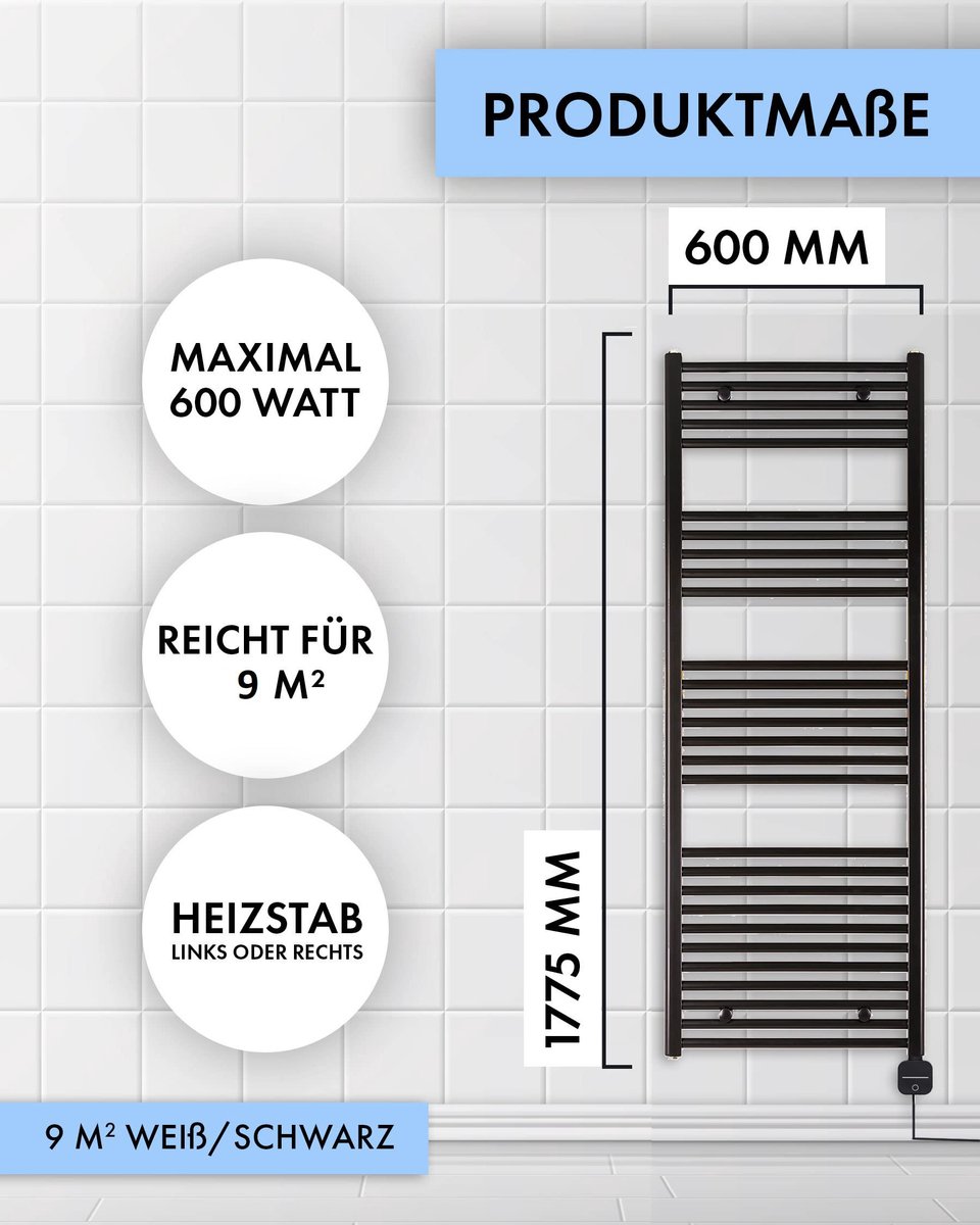 SnelShoppen - Elektrische Badkamerradiator 1775hx600b - Zwart - Met Timerfunctie - Handdoekradiator - Badverwarming - Handdoekverwarming voor Badkamer
