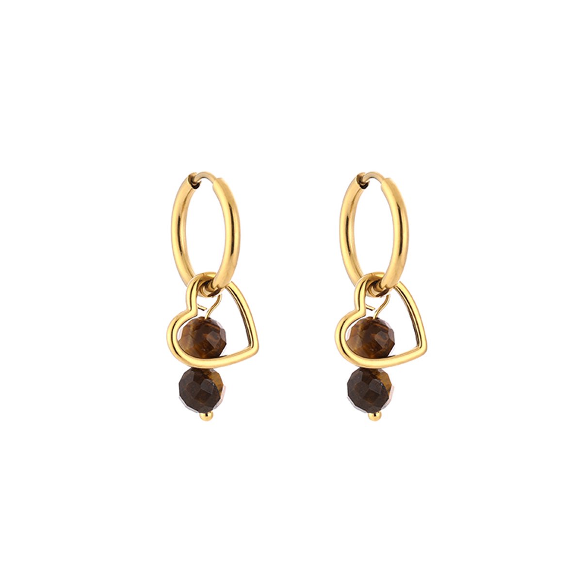 Stainless Steel Gemstone Beads & Open Heart Charm Hoops – Luxe Natuursteen & Open Hart Oorringen – RVS - Goud