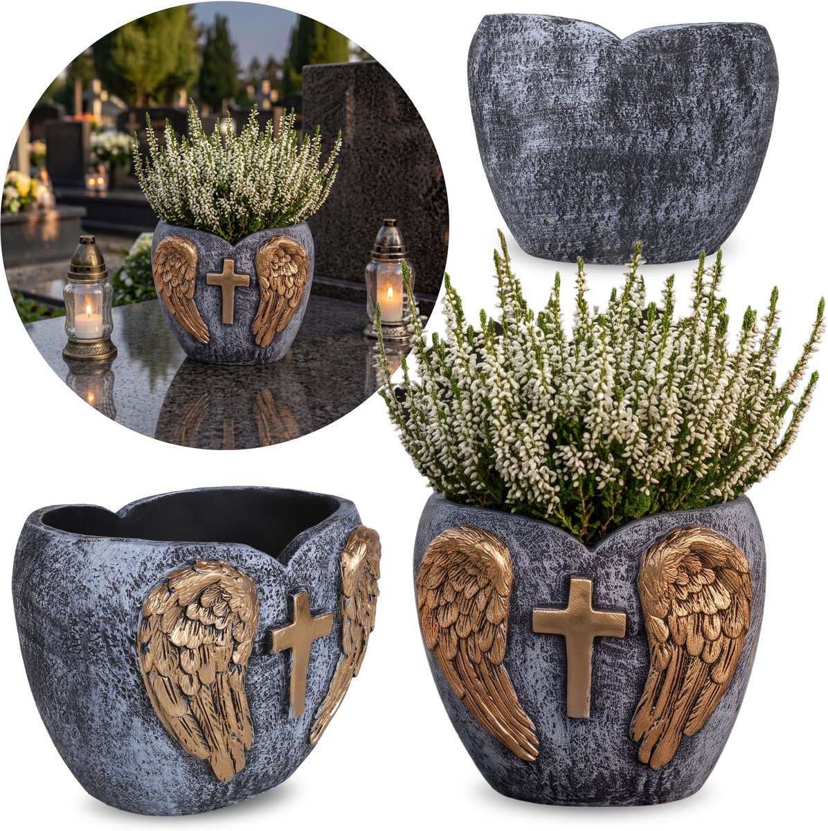 CEMENTEN GRAFVAAS, donkergrijs hart met vleugels, GRAFDECORATIE, BLOEMPOT 20x15x16,5 cm