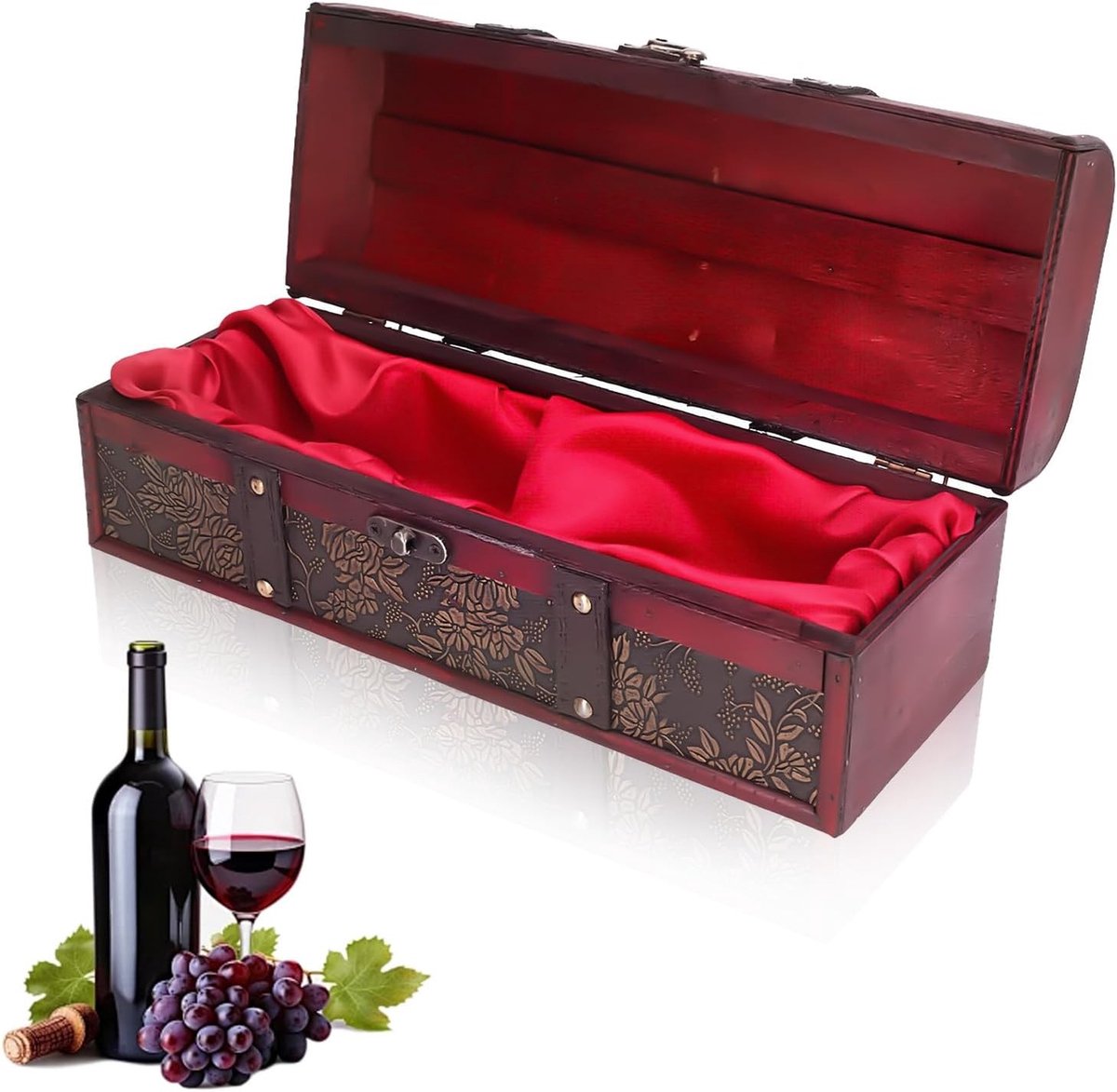 Vintage Houten Wijnflesdoos voor Cadeau, Opslag en Verpakking van Rode Wijn en Champagne met Deksel en Handvat
