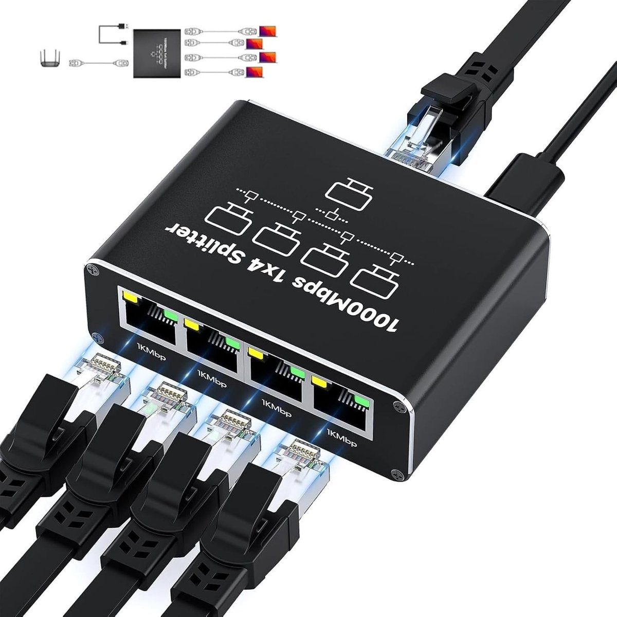 4-poorts Gigabit LAN-switch 1000Mbps Ethernet-splitter voor Computer, Router en Netwerkapparatuur met Type-C Netwerkkabel van Aluminium