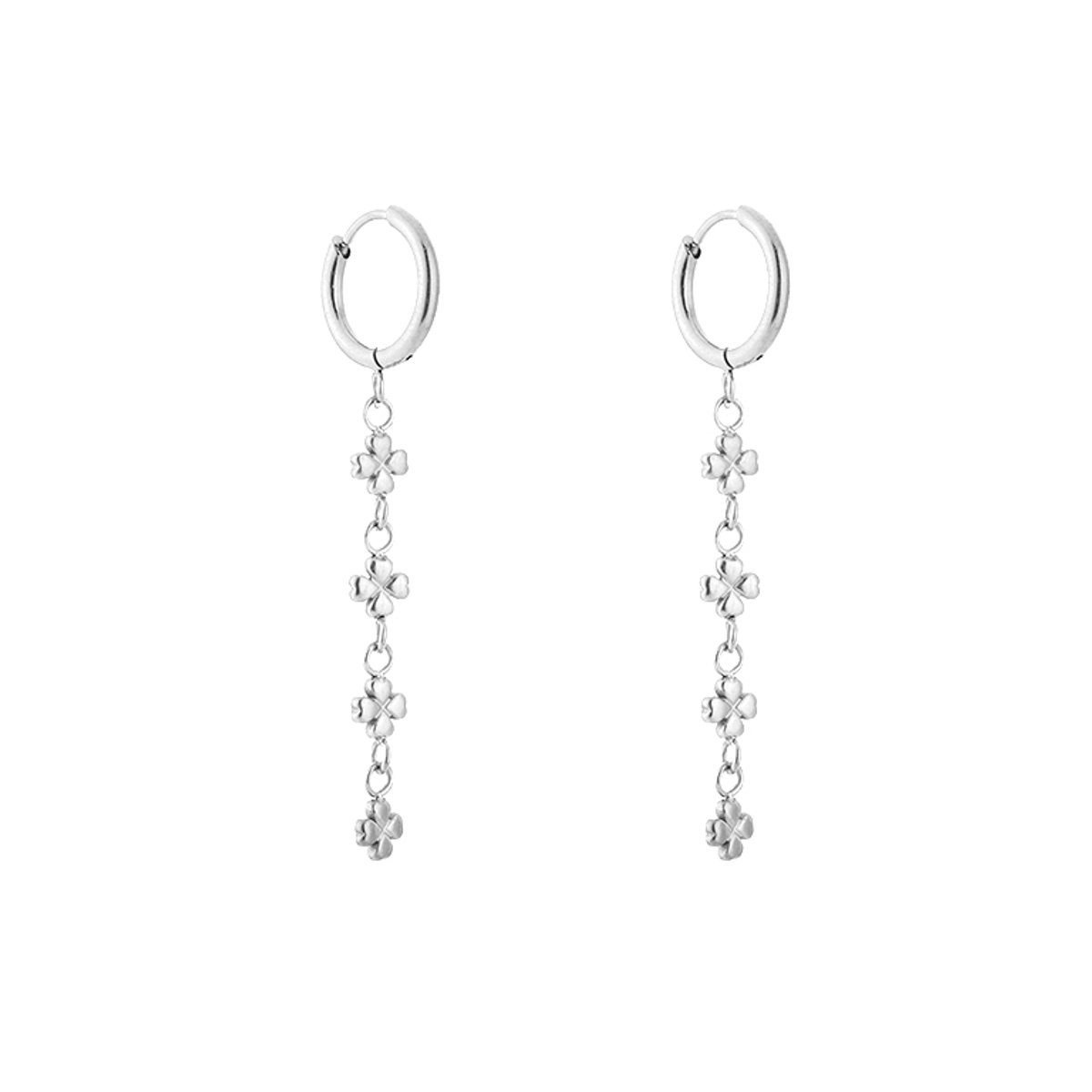 Stainless Steel Clover Cascade Charm Hoops – Luxe Klavertjes Cascade Oorringen – RVS - Zilver