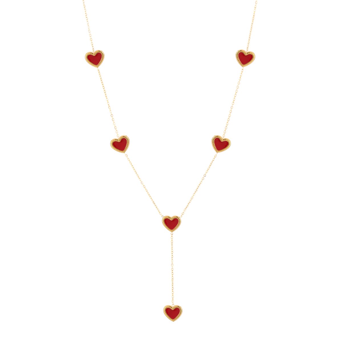 Dames Y-Ketting met Hartjes - Lange Y-Vormige Schakelketting - Stainless Steel / RVS - 60 cm (+5 cm) - Rood