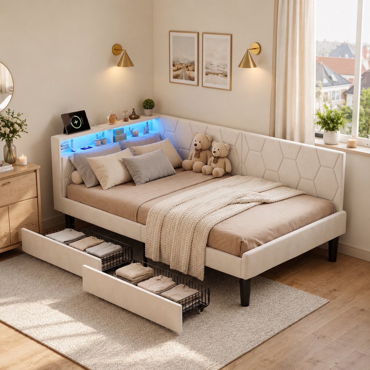 MEXUS Gestoffeerde slaapbank 90x200 cm, bed met 2 lades, opbergruimte, ledverlichting, hoofdbord en USB- en Type-C-poort, eenpersoonsbed met lattenbodem, fluweel Beige