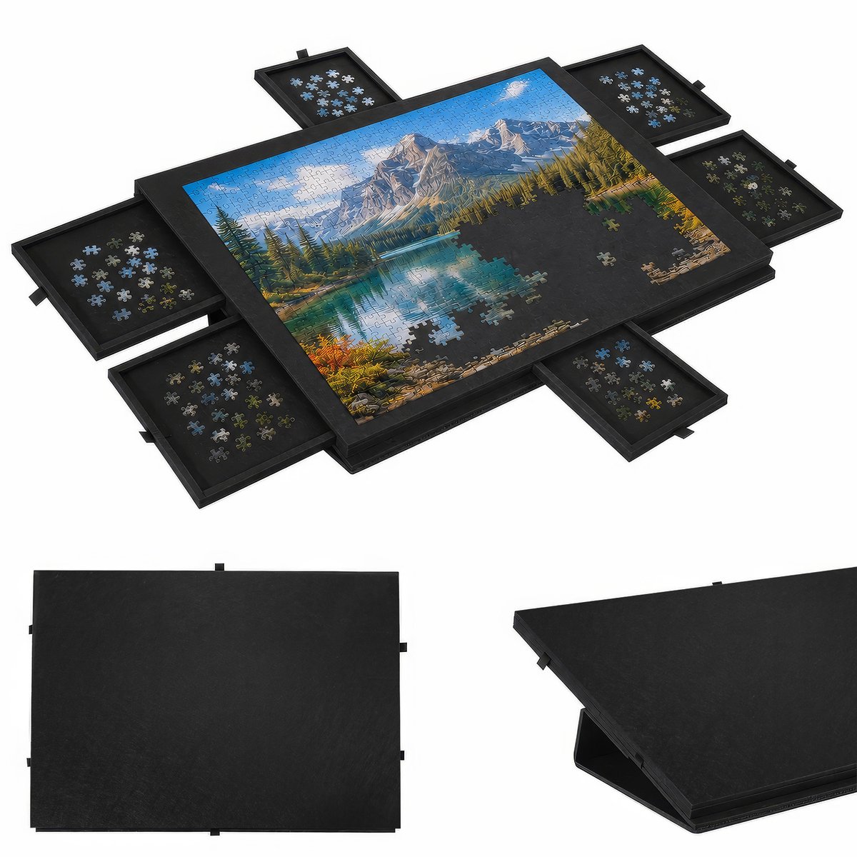 Puzzelbord - Vilten Puzzelmat, Puzzelplaat en Organizer met Lades - voor Puzzels tot 1000 Stukjes 77x53,6x4,2 cm - Zilvergrijs - Lemonmax