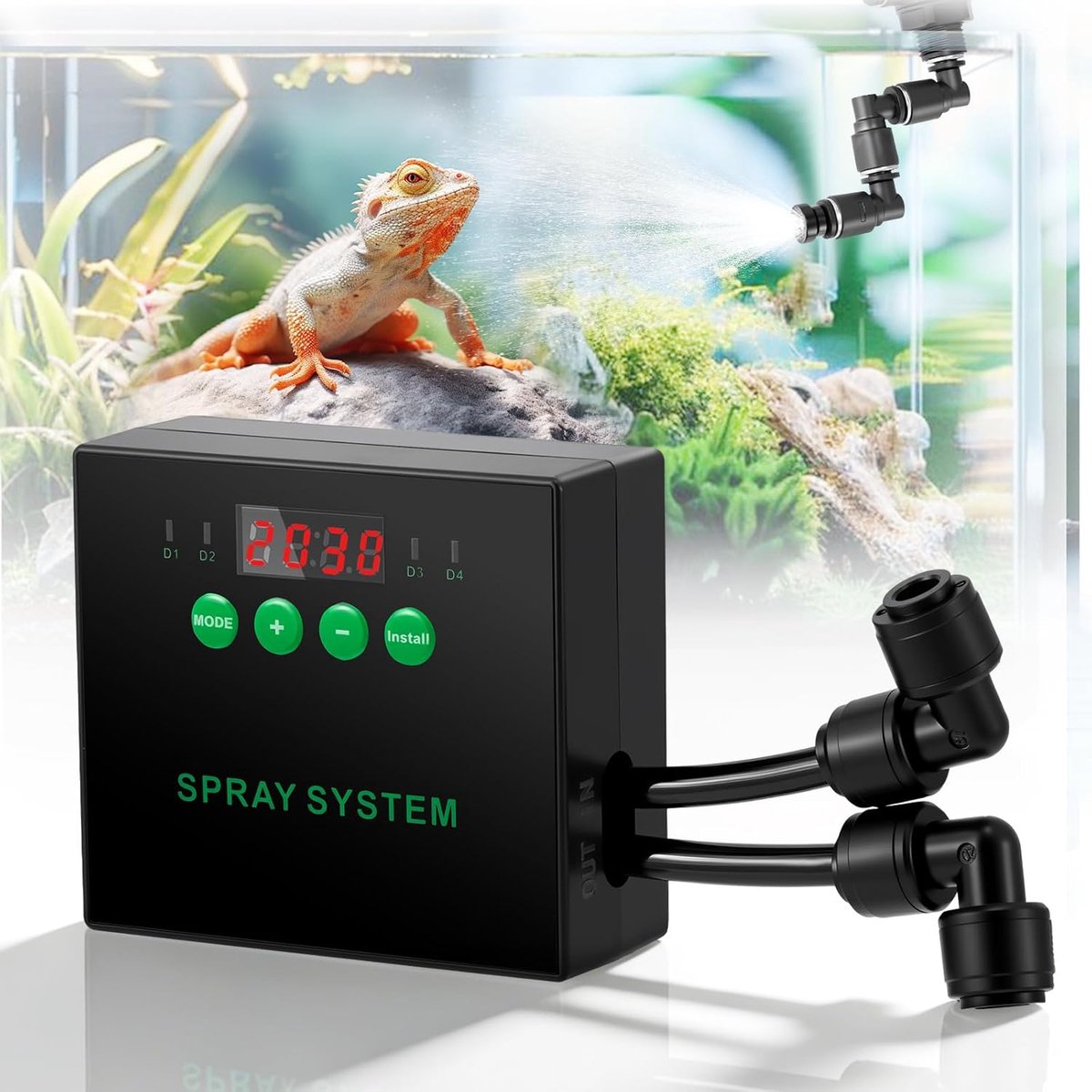 SnelShoppen - Intelligent reptielen-nevelsysteem, luchtbevochtiger voor terrarium, 360 graden sproeiers, timer voor planten, amfibieën en bloemen