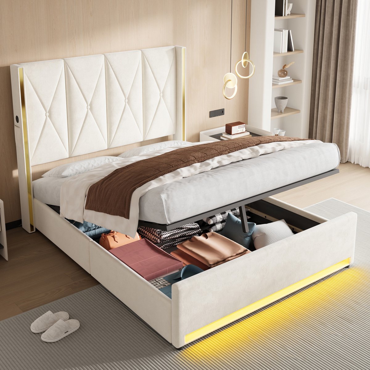 DESMIU Bed 160x200cm - Veloursbed Met Hoofdbord Met Stepping - Hydraulisch Opklapmechanisme En Opbergruimte Onder Het Bed - Voor Volwassenen - Beige - Zonder Matras