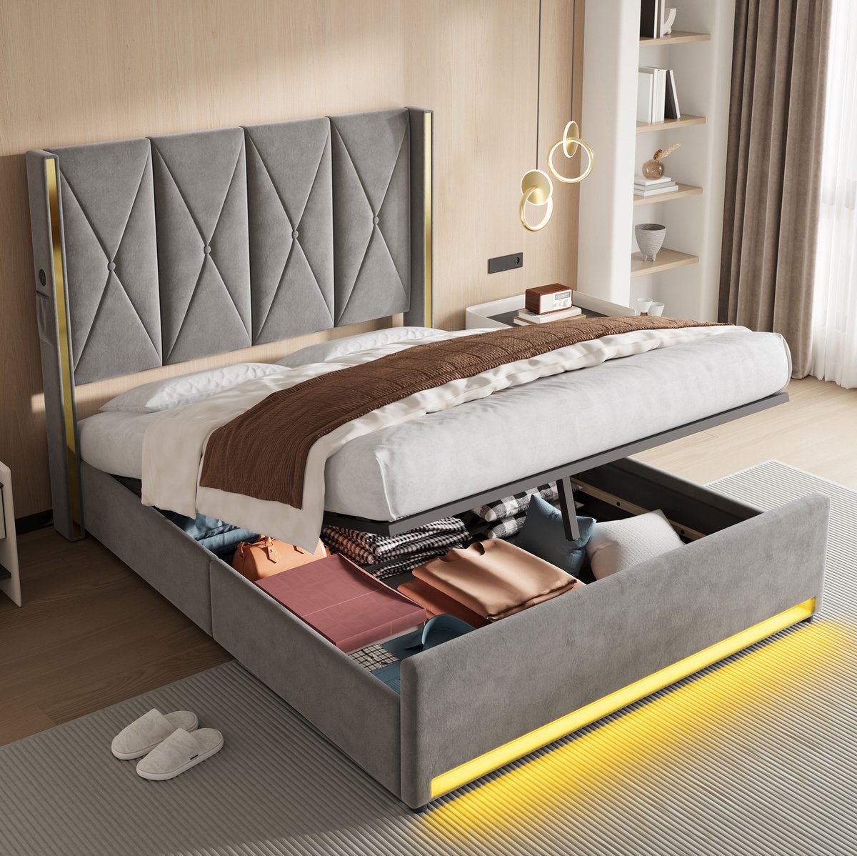 DESMIU Bed 160x200 cm – Tweepersoonsbed Met Opbergruimte, Led Verlichting En Usb Oplaadpunt – Hydraulisch – Fluweel – Grijs – Zonder Matras