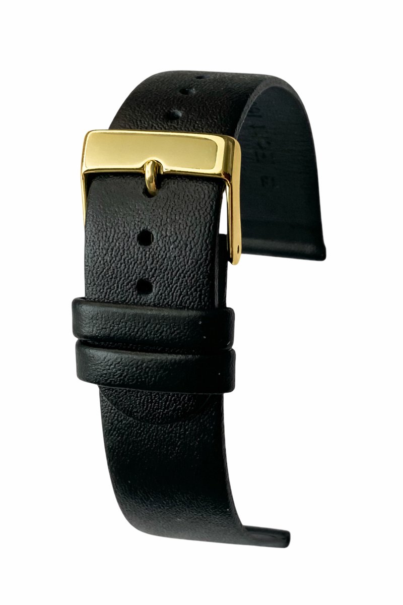 Horlogeband-horlogebandje-Zwart-16mm-Echt Leer-Recht-Glad-Soepel-Zacht-Leer-Goudkleurige Gesp-16 mm
