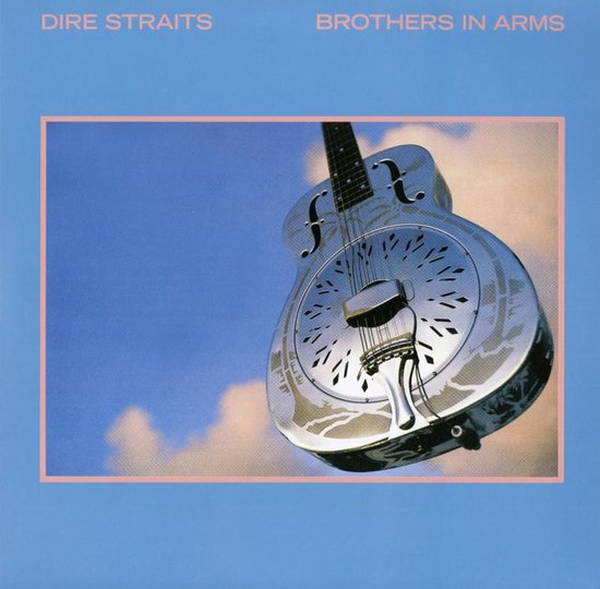 De hoes van "Brothers In Arms" door Dire Straits, met een gitaar tegen een blauwe hemel met wolken.