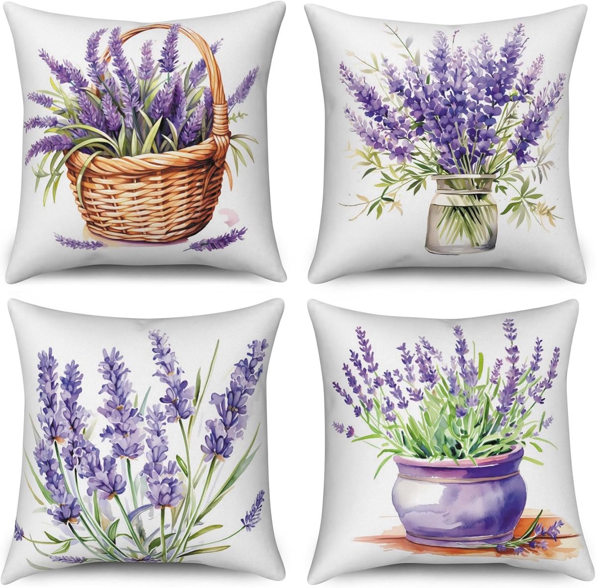 SnelShoppen - Set van 4 Handgeschilderde Bloem Kussenslopen 45 x 45 cm, Paarse Bloemen & Groene Bladeren, Wasbaar Polyester voor Bank & Tuin Decoratie