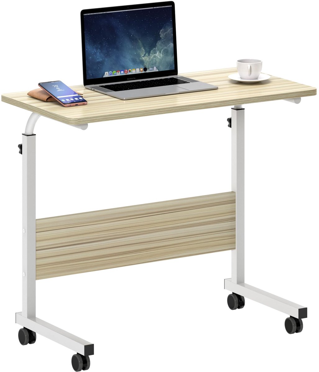 SnelShoppen - In hoogte verstelbare laptoptafel met wieltjes, mobiele computertafel, bijzettafel voor bank, bed of kantoor, klein bureau voor thuiskan