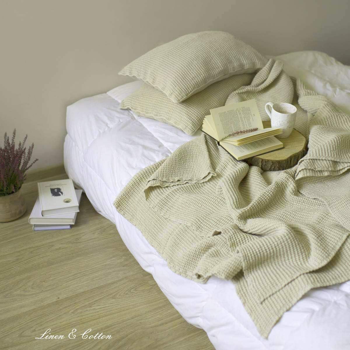 SnelShoppen - Linen & Cotton Deken Sprei Bedsprei Wafel Enzo - 180x230 cm Beige Crème - 48% Linnen, 52% Katoen - Comfortabel Voor Slaapkamer en Bank -