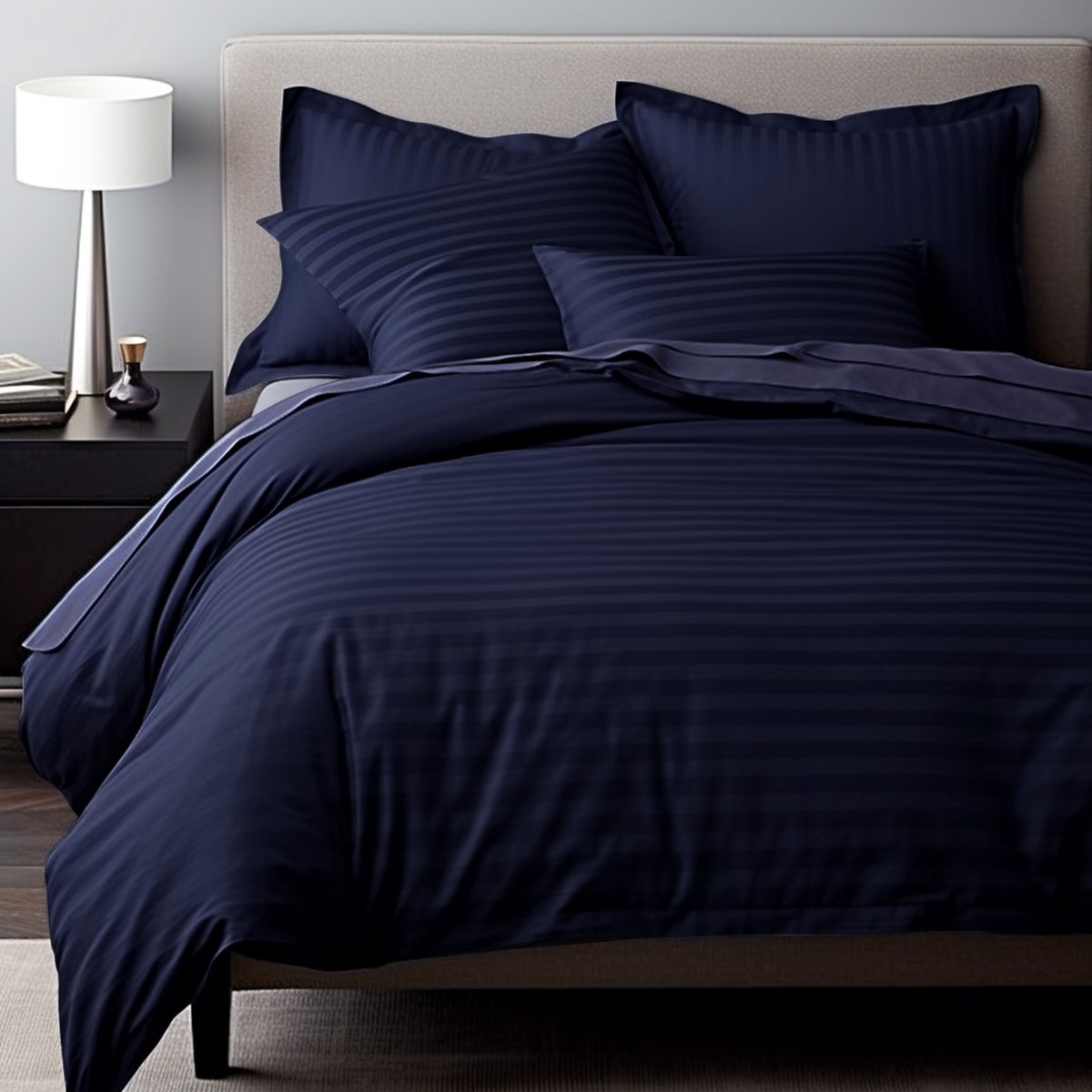 Katoen-Satijn Dekbedovertrek 140x200 cm - Navy Blauw - Klassieke Strepen - 100% Natuurlijk Katoen - Eenpersoons