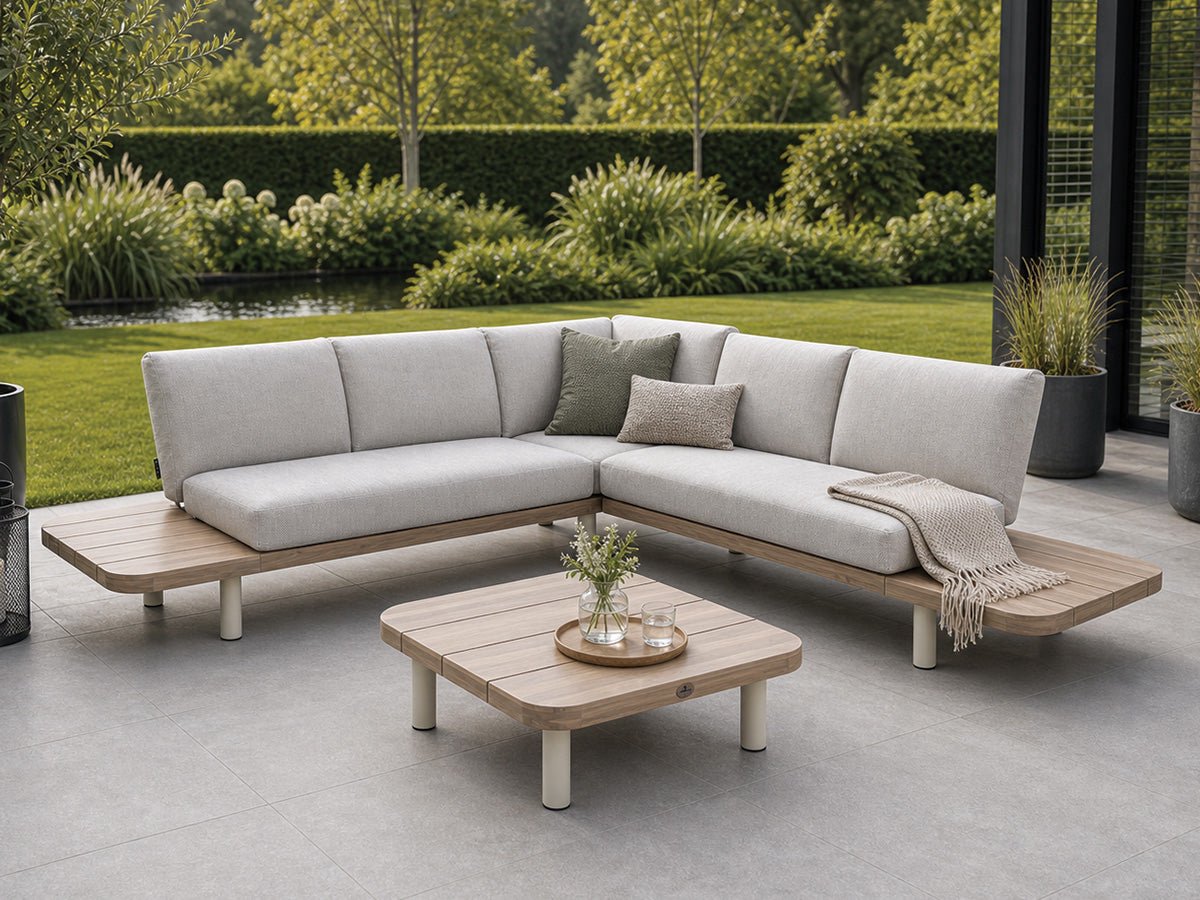 Fonteyn Loungeset Varia - 5-persoons Loungeset, Buitenzitgroep en Tuinmeubelset met Loungebank en Tafel - 240 x 240 x 70 cm - Acaciahout - Geschikt voor Tuin, Terras en Balkon - Inclusief Kussens - Houtlook