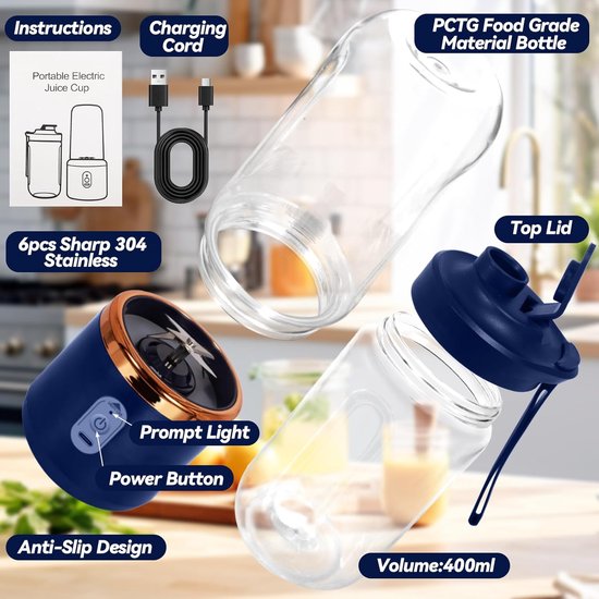 Draagbare Mixer - Smoothie Maker - Fruit Sap Maken - Verbeterd 6-Blads Ontwerp - 400 ml - Blauw — afbeelding 2