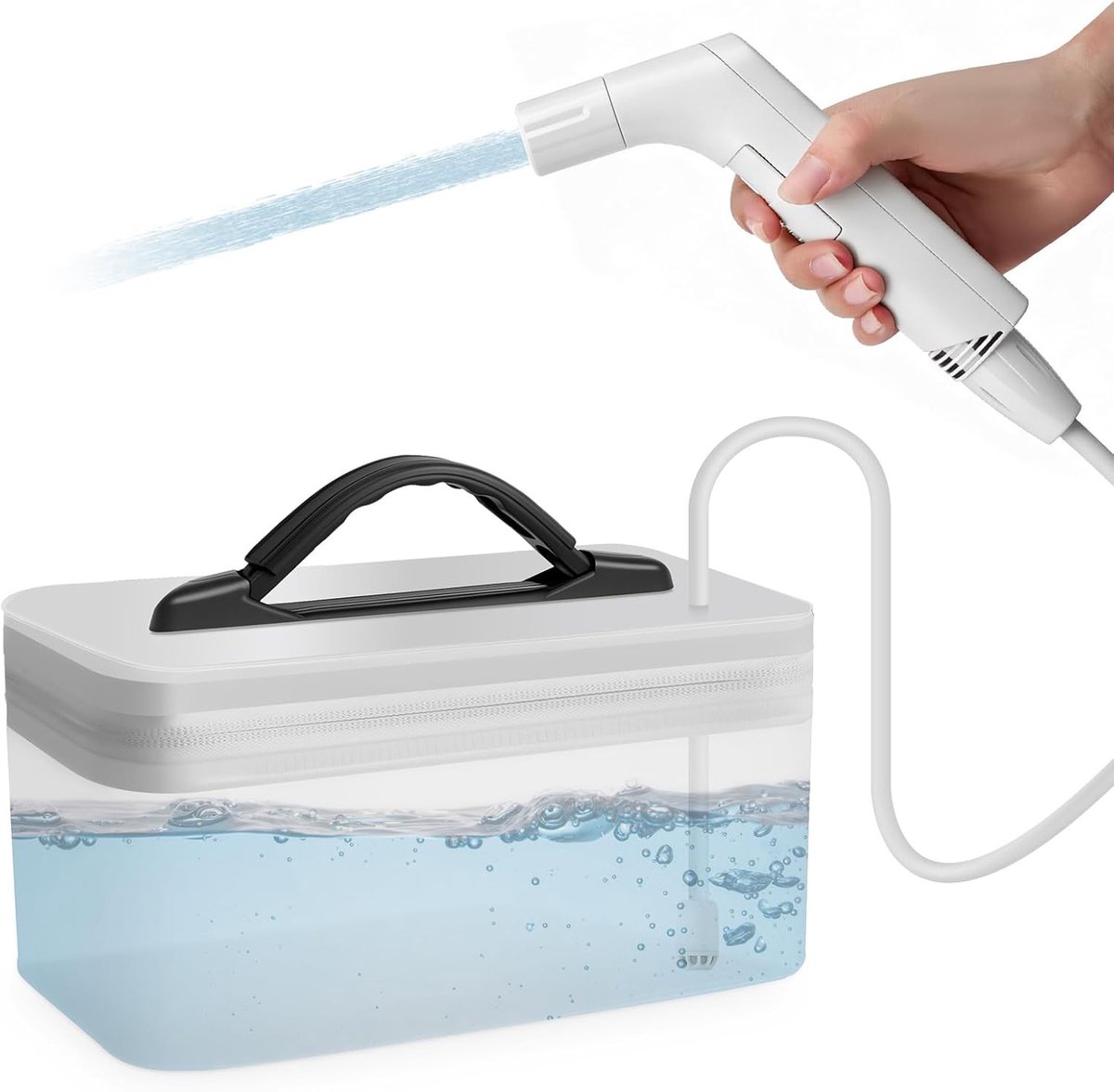 Draagbaar elektrisch bidet met 2,3 liter capaciteit, ideaal voor toiletgebruik, camping en outdoor, met 1,2 m slang en 2 modi voor optimale hygiëne.