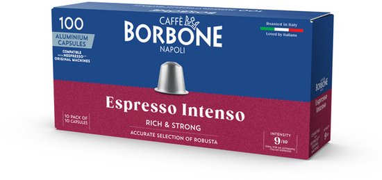 Verpakking van 100 Caffè Borbone Espresso Intenso aluminium capsules, rijk en sterk, 9/10 intensiteit.