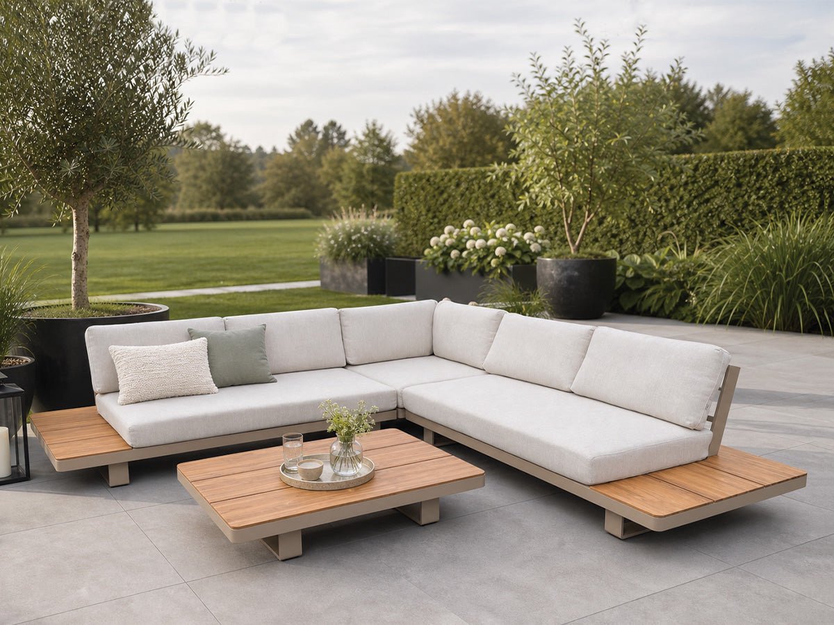 Fonteyn Loungeset Fiona - 5-persoons Loungeset, Buitenzitgroep en Tuinmeubelset met Loungebank en Tafel - 317 x 317 x 78 cm - Aluminium - Geschikt voor Tuin, Terras en Balkon - Inclusief Kussens - Ecru, Beige