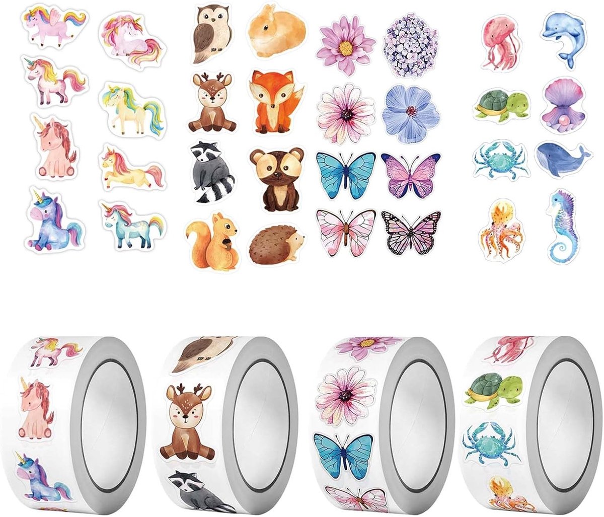 4-delige set dierenstickers - Zelfklevende ronde stickers van dieren, vlinders en zeeleven voor kinderen - Perfect voor knutselen en versieren