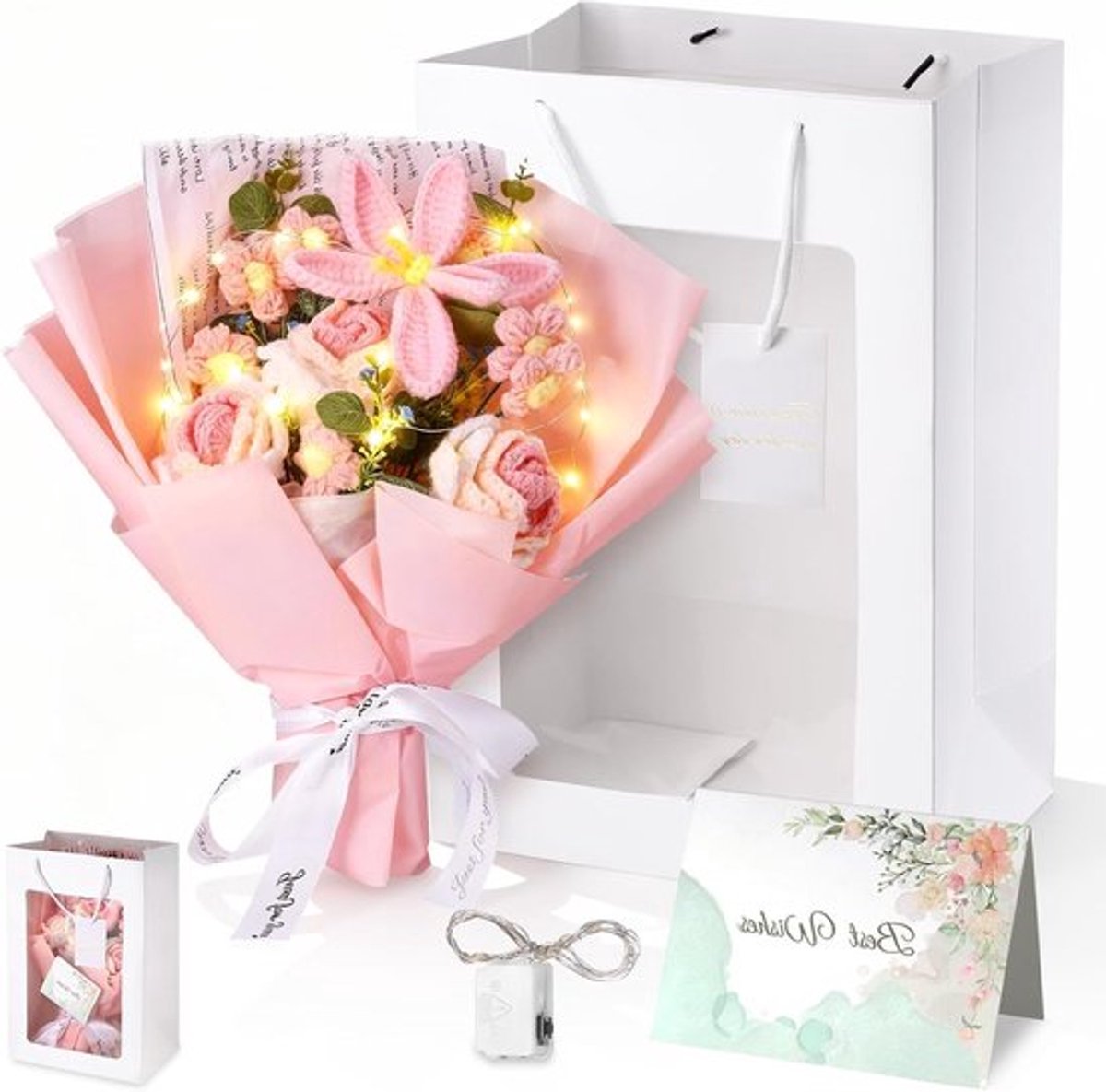 Bloemboeket van Gehaakte Bloemen met Verlichting en Kaart, Perfecte Cadeaus voor Vrouwen, Kunstmatige Rozen voor Verjaardag en Moederdag