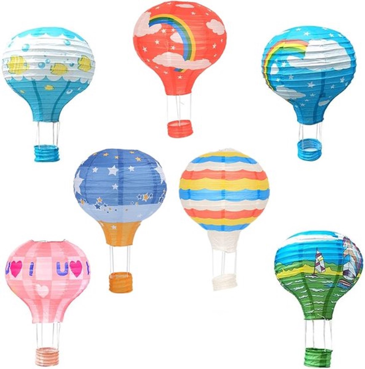 Kleurrijke 3D Lantaarns in de Vorm van Heißluchtballonnen - 7 Stuks, 12 Inch Hanglampen voor Bruiloften, Feesten en Decoratie in Winkels