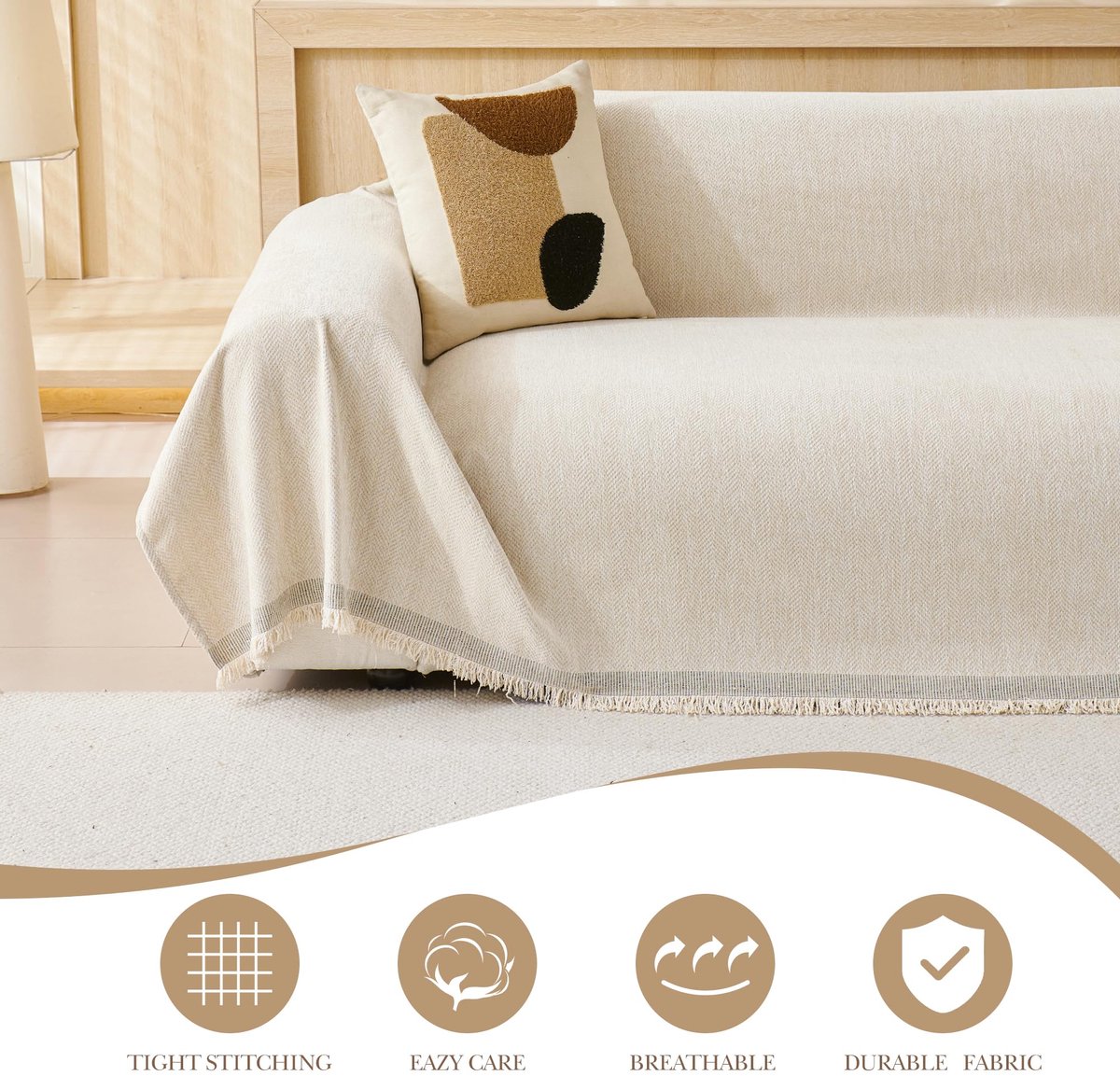 SnelShoppen - 100% Chenille Natuurlijke Bank Plaid - Extra Grote Plaid voor 3-4-Zits Banken - Luxe Zachte Crèmebeige Plaid 180 x 420 cm voor Stoel, Ba