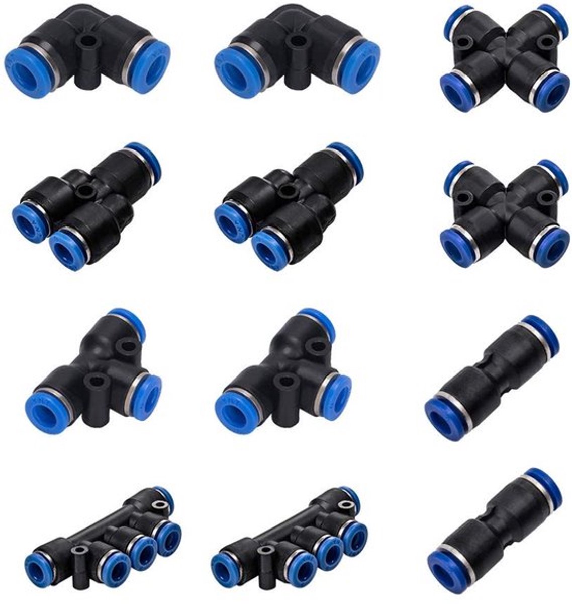 Push-koppeling 12 stuks - Luchtslangfittingen - Pneumatische aansluitingen - Kunststof/Messing - Goede afdichting - Slijtvast en Duurzaam - Pneumatische fitting