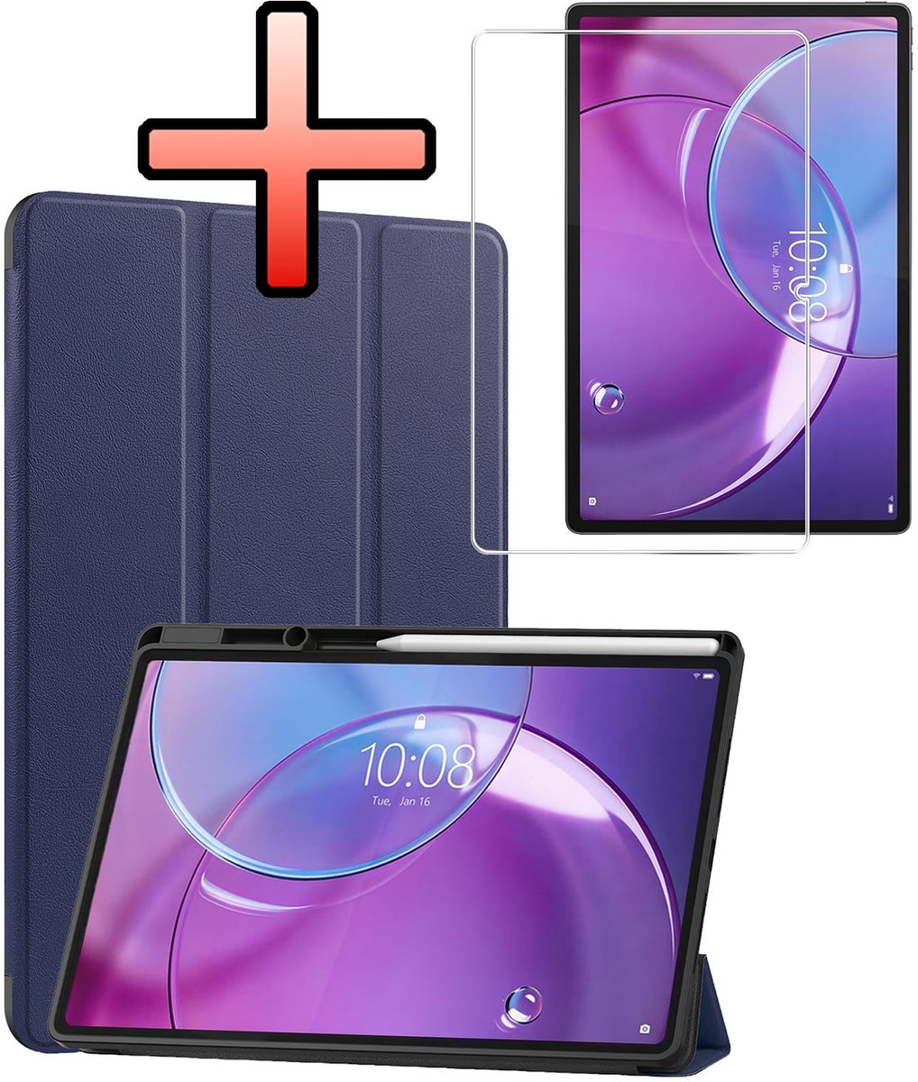 Hoes - Geschikt voor Lenovo Idea Tab Pro Gen 2 - Met Screenprotector - Trifold Bookcase - Hard Cover Case - Met Uitsparing Geschikt voor Lenovo Pen - Hardcover Book - Tablet Hoesje - Donkerblauw