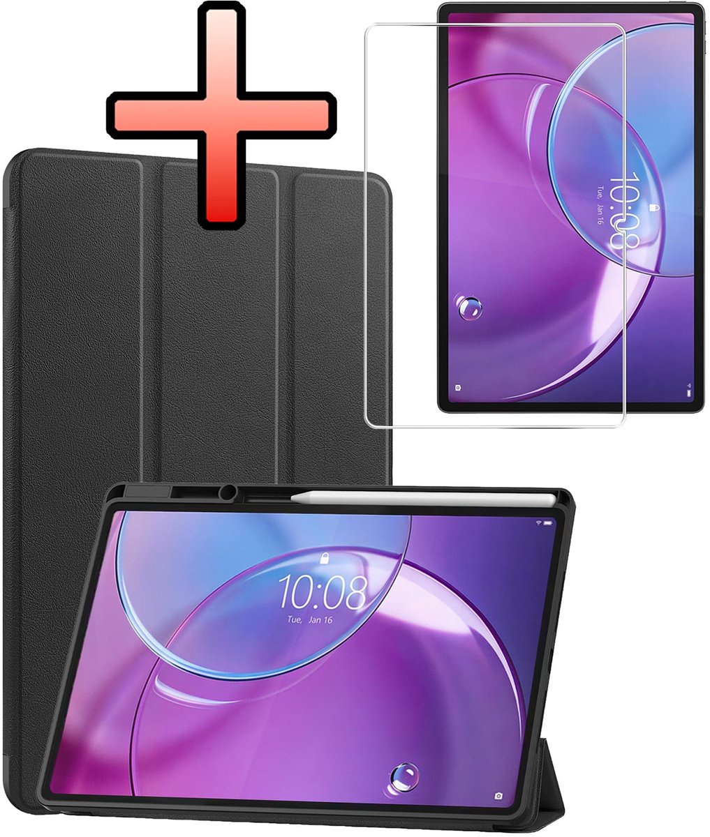 Hoes - Geschikt voor Lenovo Idea Tab Pro Gen 2 - Met Screenprotector - Trifold Bookcase - Hard Cover Case - Met Uitsparing Geschikt voor Lenovo Pen - Hardcover Book - Tablet Hoesje - Zwart