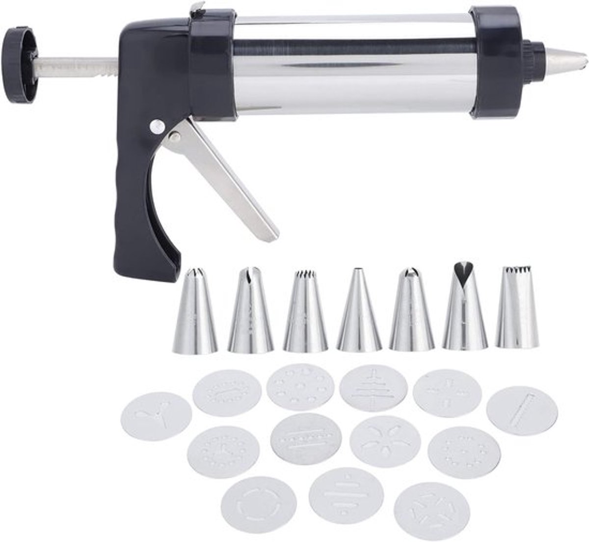 Complete Spritz Set voor Bakken: RVS Cookie Press Kit met 13 Schijven en 8 Spuitmondjes voor het Maken en Decoreren van Koekjes en Taarten
