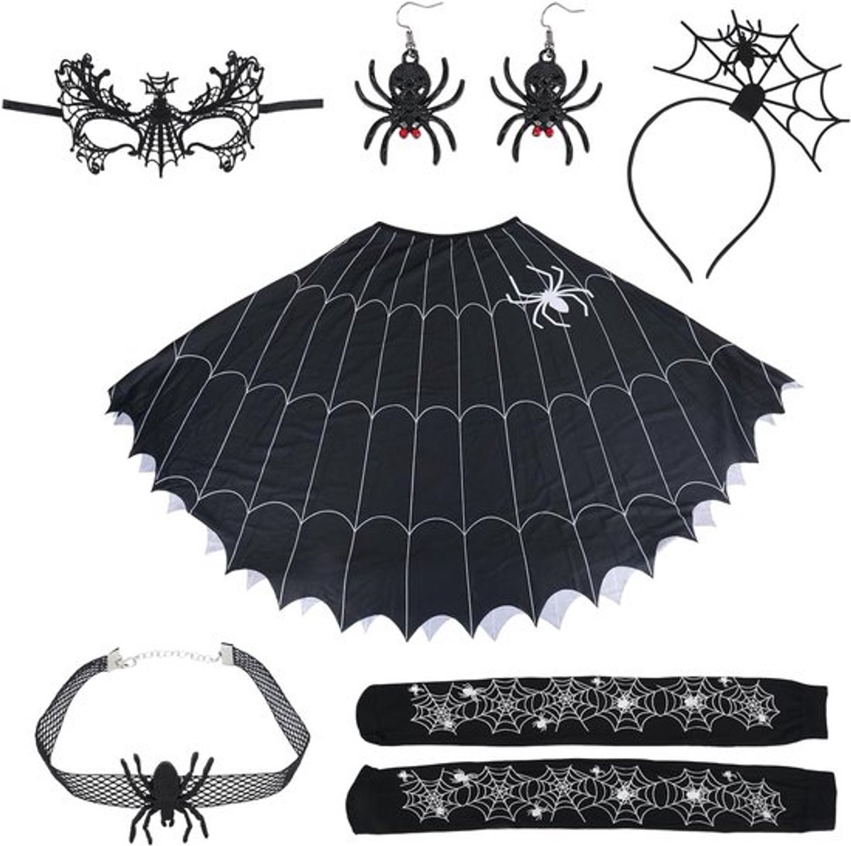 Vrouwelijke Spinnen Poncho Kostuum voor Halloween met Cloak, Oorbellen, Masker en Hoofdband