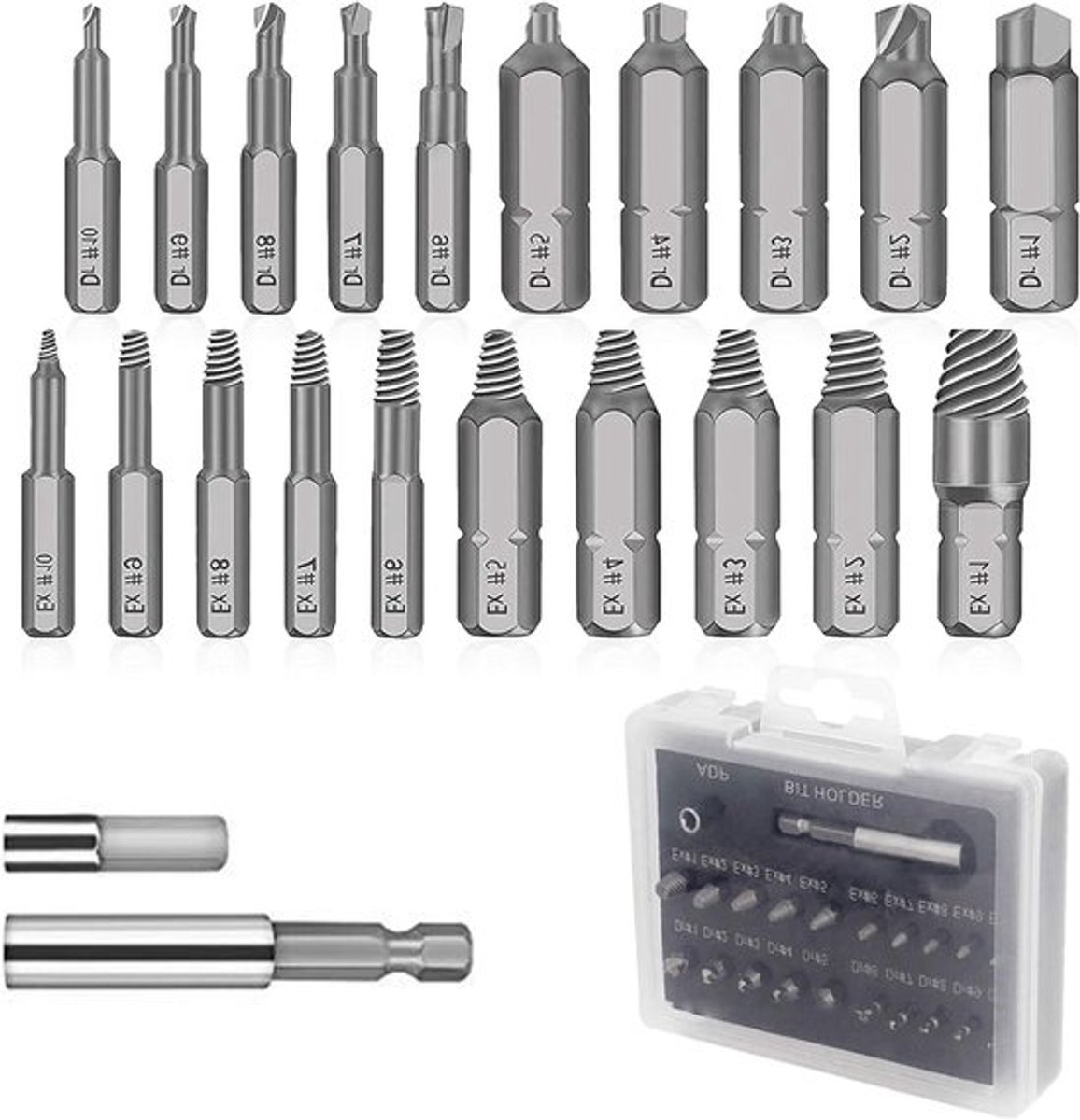 22-delige set voor het verwijderen van beschadigde schroeven, inclusief magnetische bit houder en schroefverwijderingsgereedschap voor gebroken bouten en schroeven