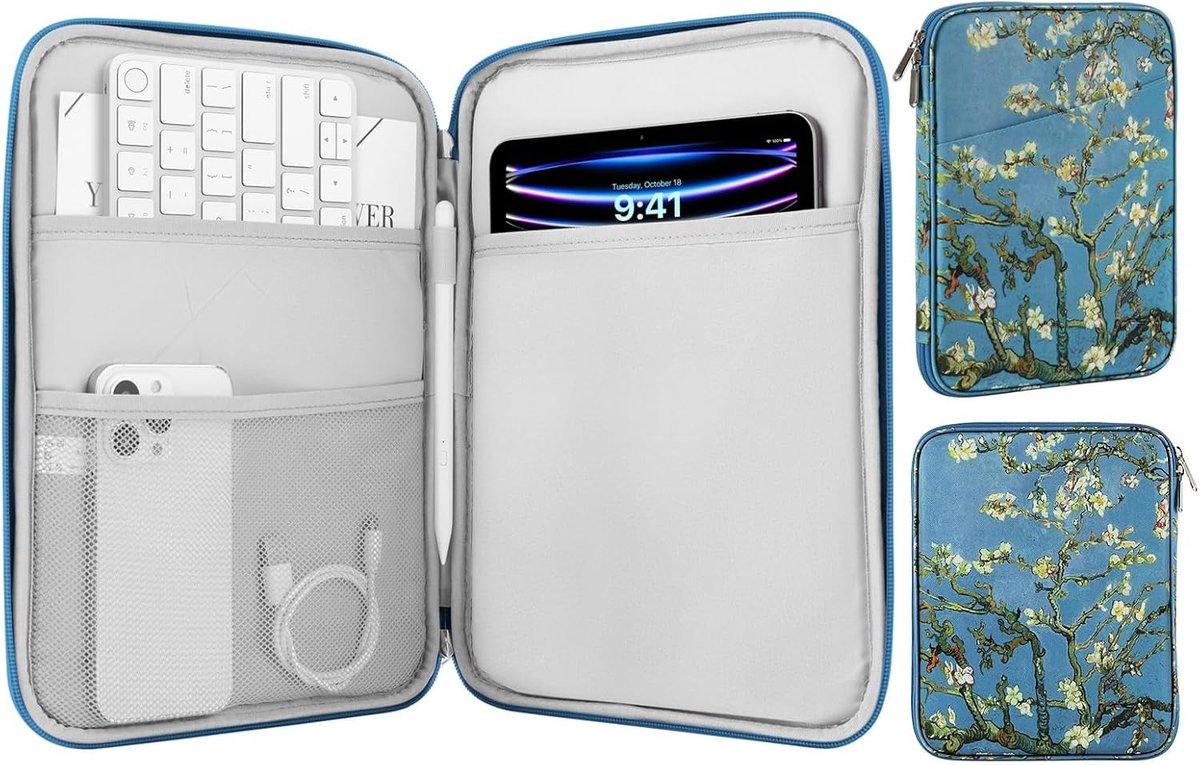 Tablethoes voor 9-11 Inch Tablets, Geschikt voor iPad Air, Pro en Galaxy Tab, Beschermende Tas met Pocket en Apricot Flower Design