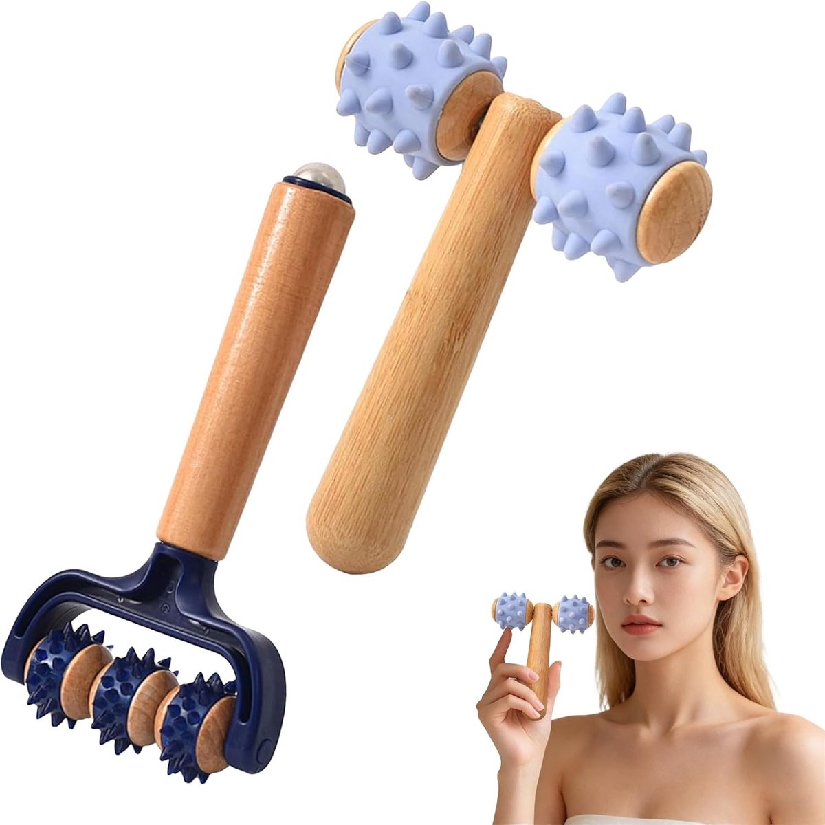 Set van 2 Houten Massage Rollers met Handvat, Ideaal voor Spieren, Rug en Ontspanning, Verminder Spierpijn en Vermoeidheid