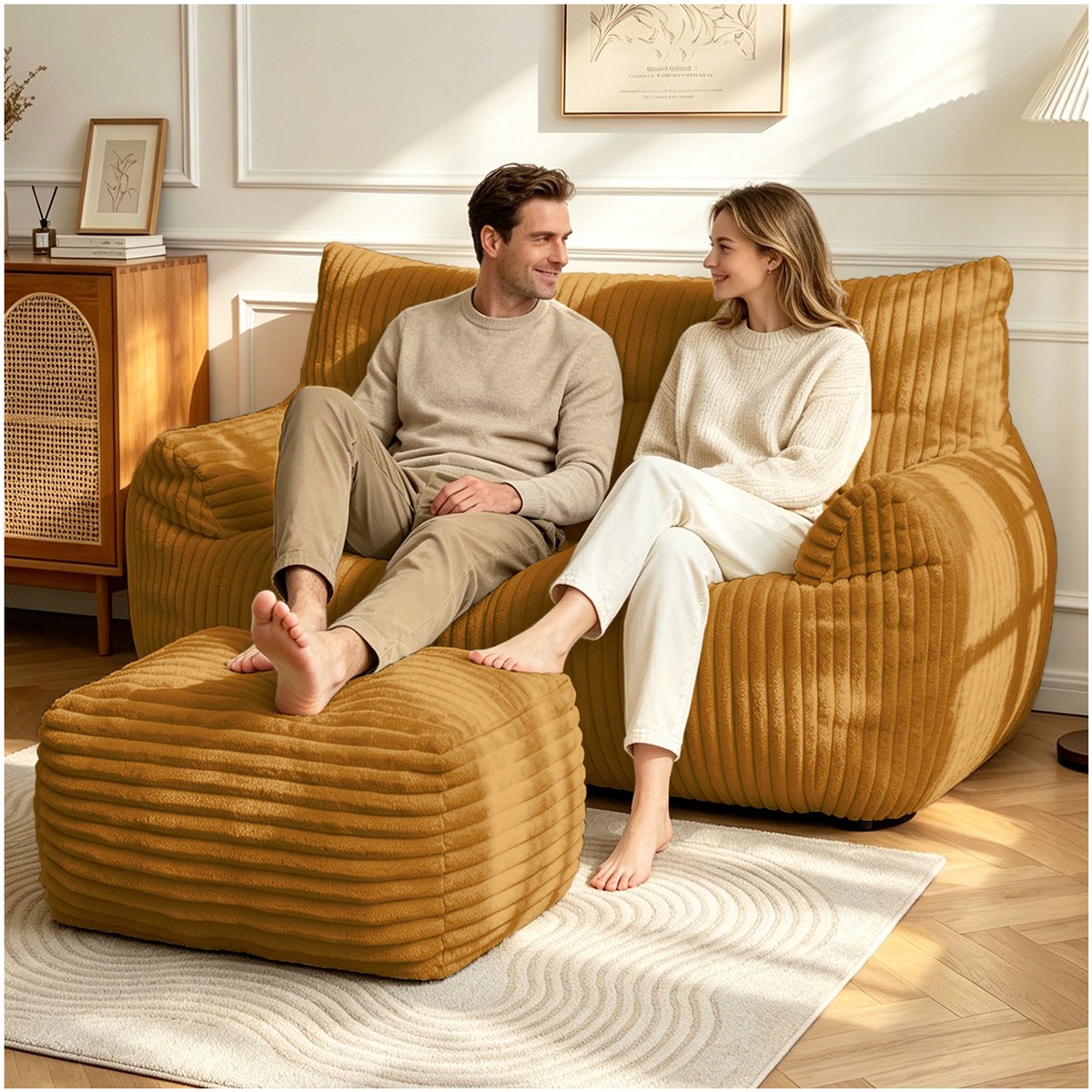 OKWISH Zitzak - 135 X 100 X 75 Cm Met Voetenbank En Rugleuning - Traagschuim Voor Binnengebruik - Voor Woonkamer Of Slaapkamer - Geel
