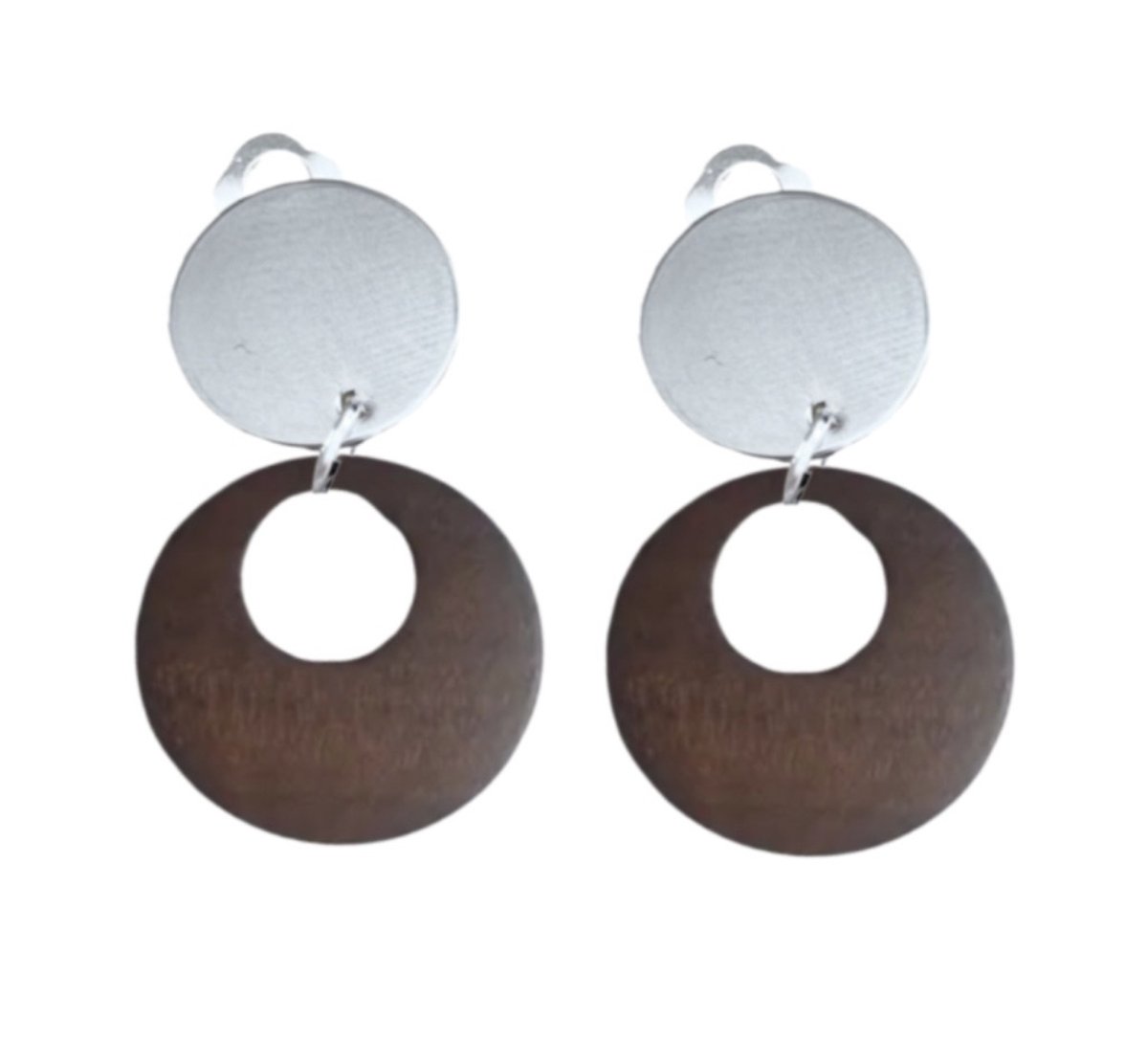 Clip oorbellen -Hout -Bruin -Zilverkleur- geen gaatje- Charme Bijoux