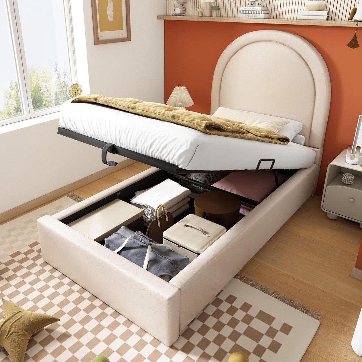 Kinderbed met opbergruimte - Eenpersoonsbed gestoffeerd - Slaapkamer inrichten - Hydraulische lattenbodem - 90 x 200 cm - Beige
