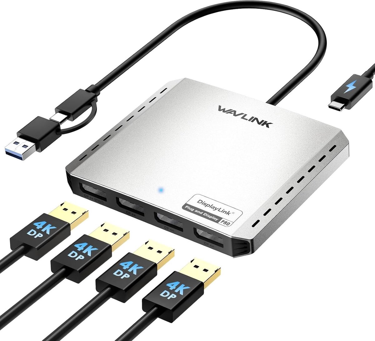 USB 3.0 en USB C naar Quad DisplayPort Splitter voor Vier Schermen met 85W PD, Displaylink 4 DP 4K@120Hz Adapter voor Apple Mac en Windows 10/11