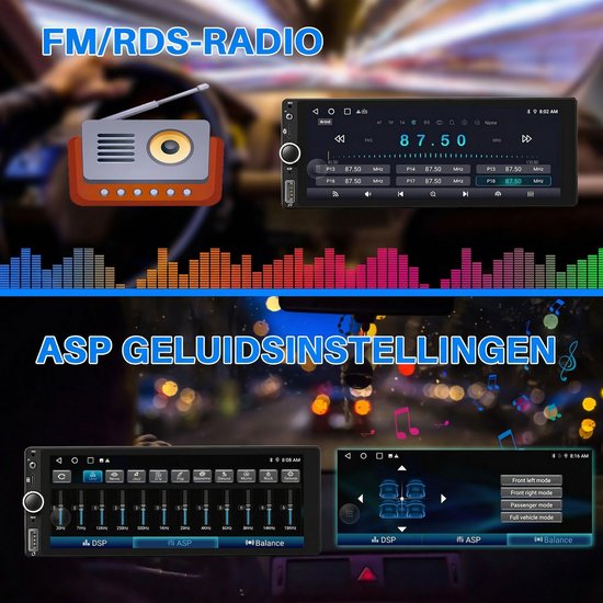 FM/RDS-radio met equalizer en ASP geluidsinstellingen weergave op het autoradio touchscreen.
