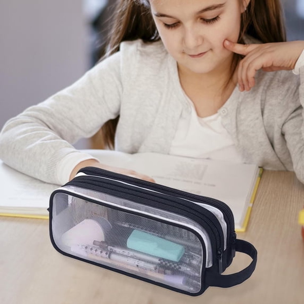 LISM-Dubbellaags transparant etui van gaas, ruime opbergtas voor schrijfwaren en een praktische etui met ritssluiting, zwart.