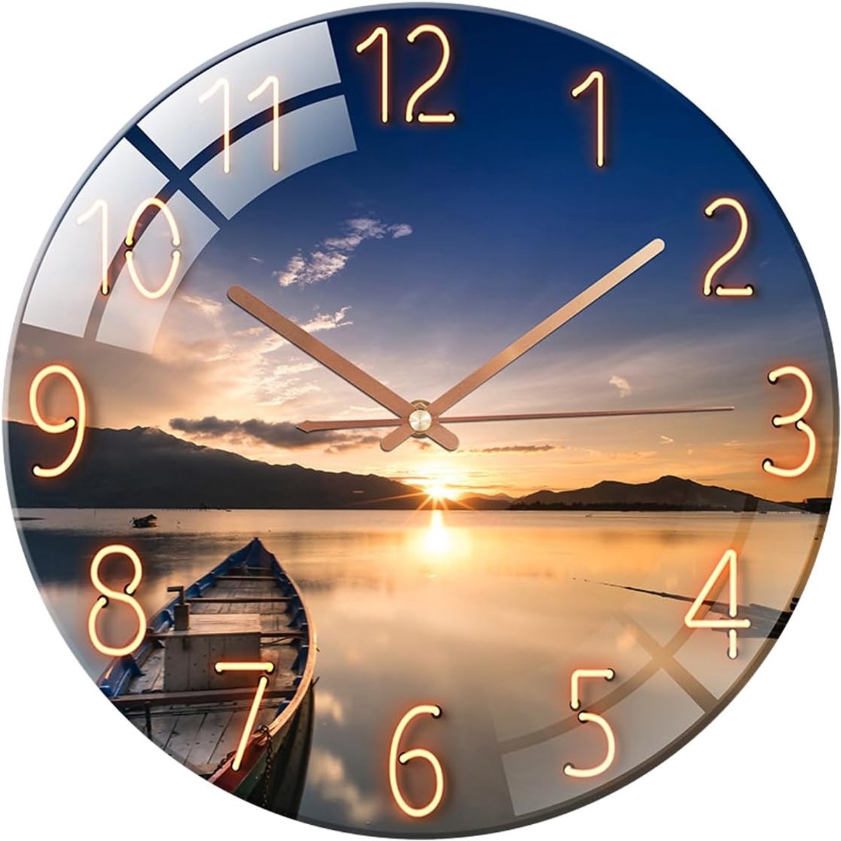 SnelShoppen - Wandklok van Glas 30 cm Geruisloos Niet Tikend Decoratieve Ronde Wandklok voor Woonkamer Keuken Slaapkamer Hal Kantoor (Zonsondergang)