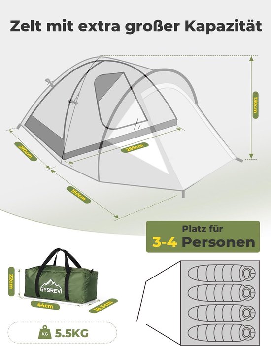 SnelShoppen - Dome Tent voor 3-4 Personen met Voorruimte, Lichtgewicht Familie Tent, Waterdicht Camping Tent voor Buiten, Hiking, Backpacking, Groene van Snelshoppen — afbeelding 2