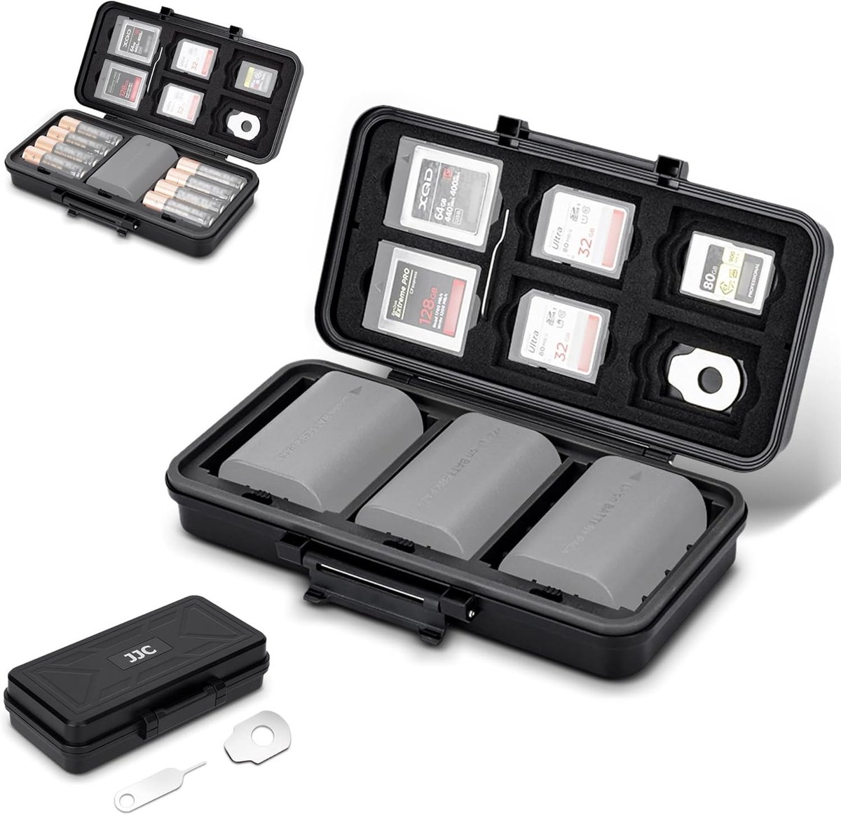Waterdichte Batterijopslagdoos voor 3 NPW235/EN-EL15/DMW-BLF19/BLX-1, Li-ion en AA Batterijen, Inclusief Multi SD Kaart Houder voor 6 SD Kaarten en 5 CFA