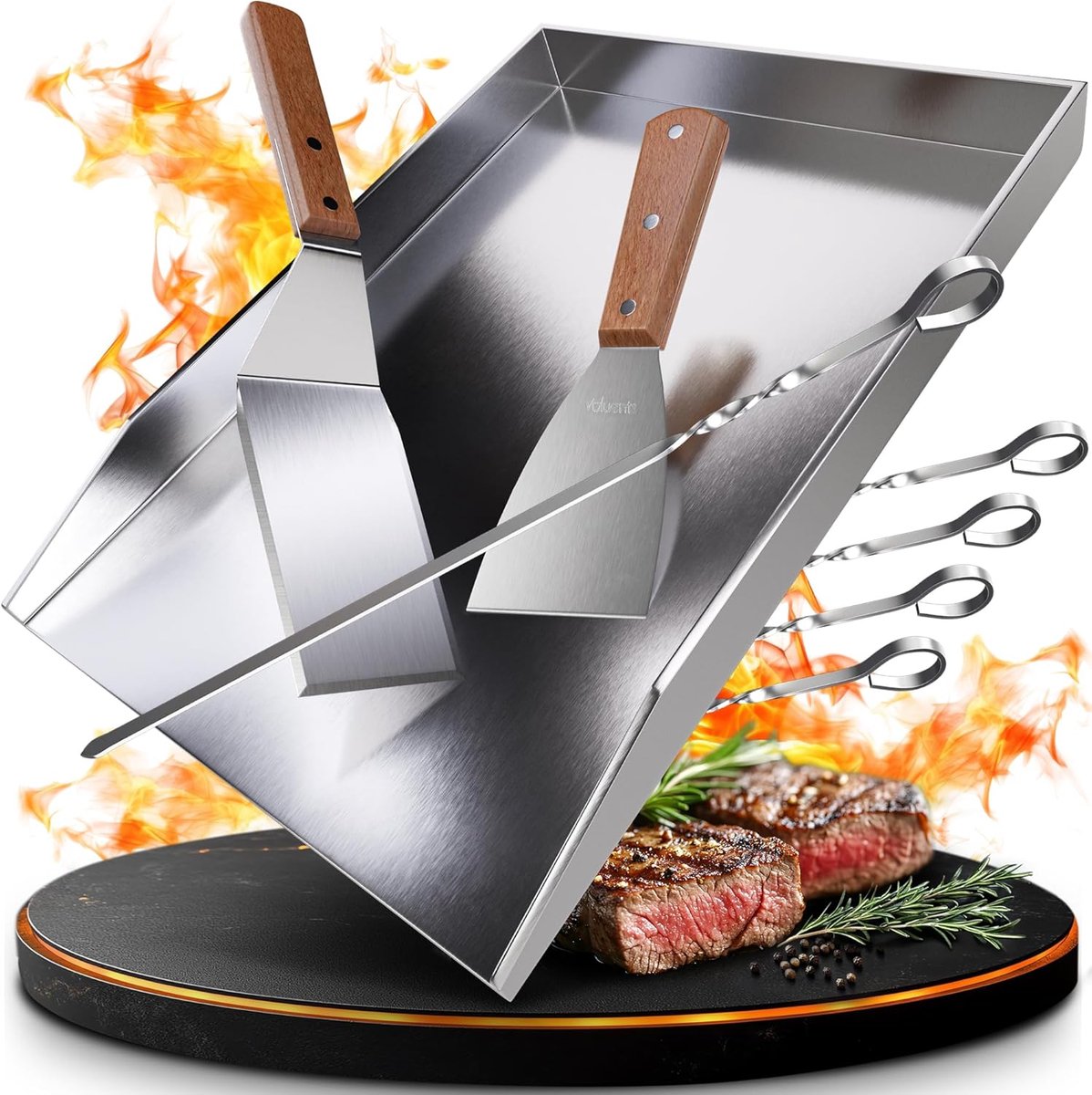 SnelShoppen - Plancha Grillplaat van Roestvrij Staal, 25 x 35 cm voor Barbecue, Gasbarbecue en Kolengrill, inclusief Borstel en Grillspatel