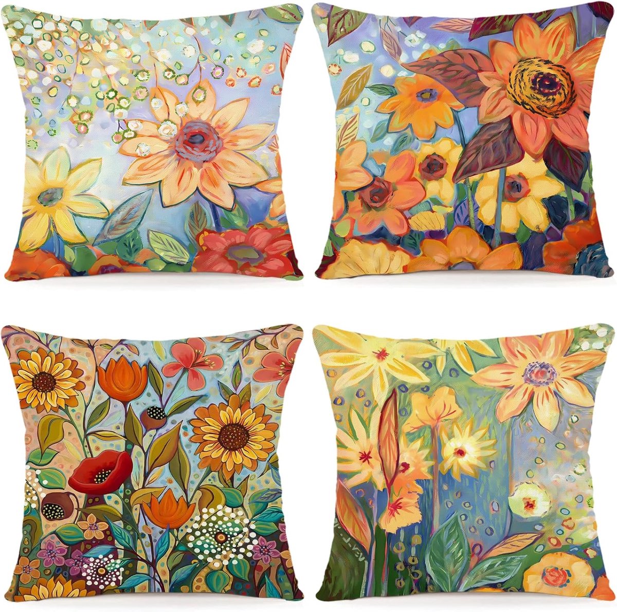 SnelShoppen - Set van 4 Bloemen Kussenslopen 45 x 45 cm, Sierkussens voor Outdoor en Woonkamer, Linnen Kussenhoezen met Aquarelschilderij, Ideaal voor