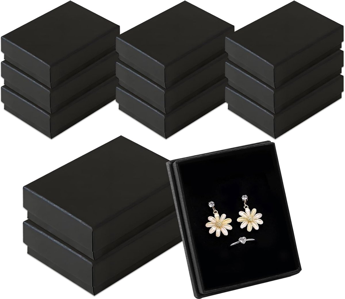 SnelShoppen - 12 stuks sieradengeschenkdozen zwart, 9 x 7 x 3 cm, kleine rechthoekige cadeauverpakkingen met deksel voor ringen, oorbellen, armbanden