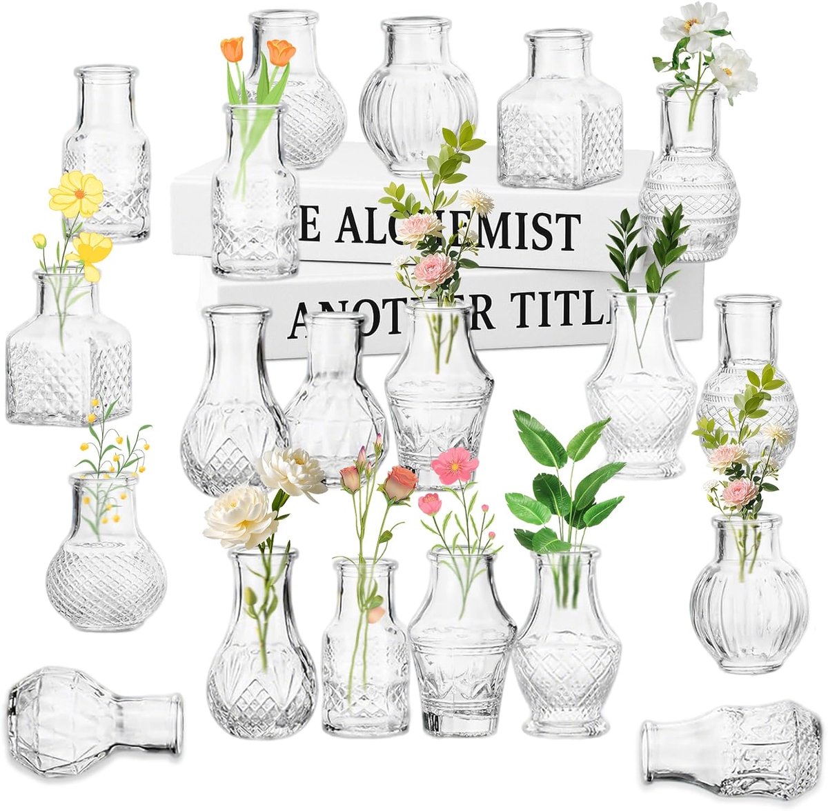 SnelShoppen - Kleine glazen vazen set van 20 stuks, mini-vazen voor tafeldecoratie, vintage bloemenvaas, transparante tafelvaas voor bruiloftsdecorati
