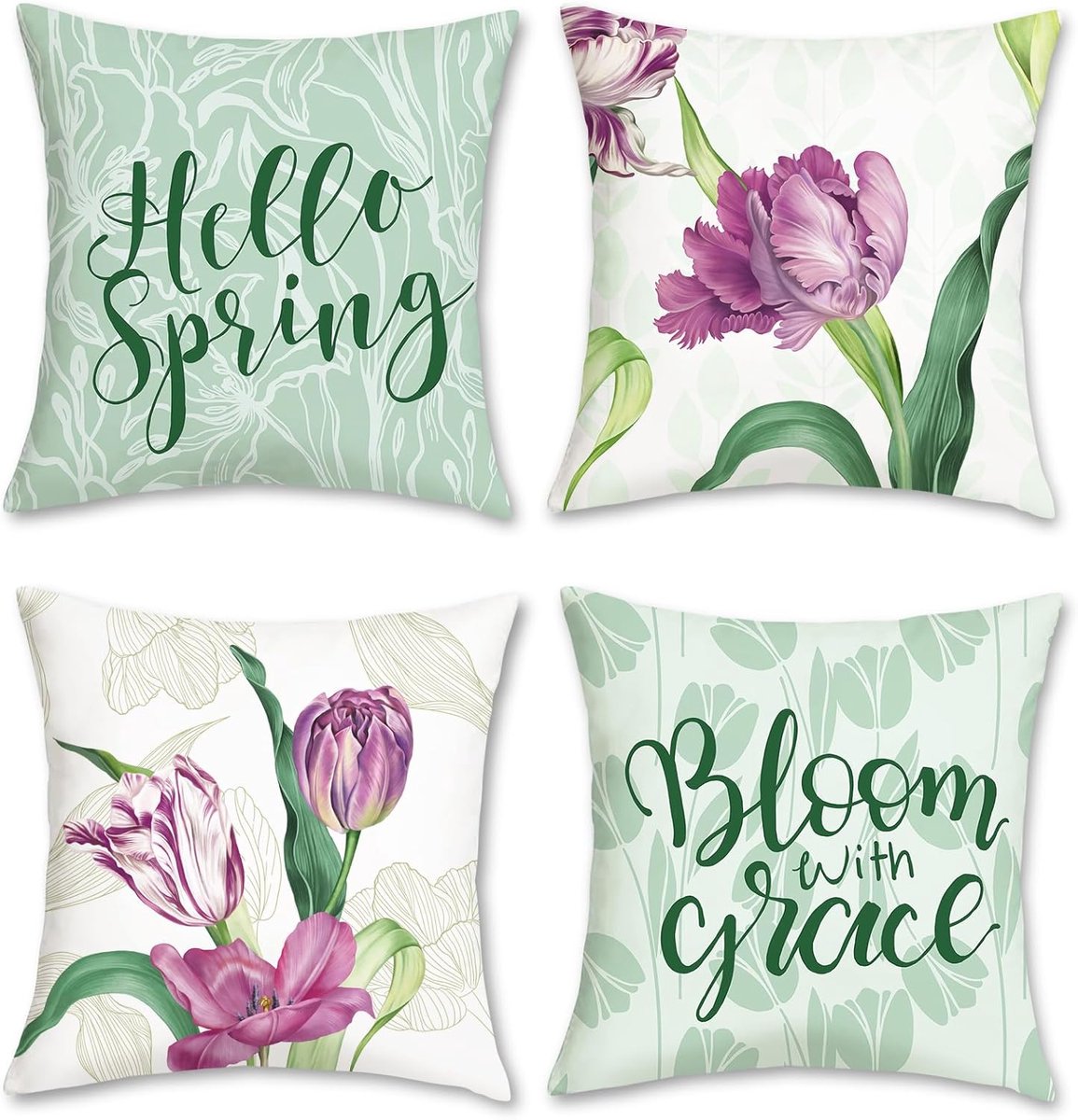 Sierkussens 45 x 45 cm - Zachte velvet met lentebloemen - Set van 4 - Perfect voor woonkamer en tuindecoratie - SnelShoppen