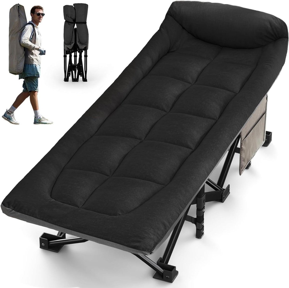 Campingbed Opklapbed - Draagbaar Eenpersoonsbed - Kamperen en Reizen - Geïntegreerd Kussen - XL 250 kg - Zwart